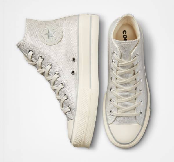 Converse Chuck Taylor All Star Lift Platform Metallic Twill Visoke Superge Srebrna / Srebrna | CV-752AHK