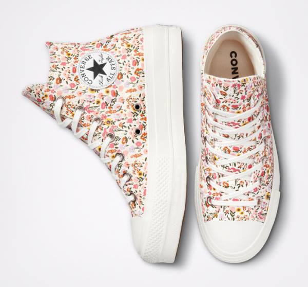 Converse Chuck Taylor All Star Lift Platform Florals Visoke Superge Bež Bela / Roza | CV-964NWJ